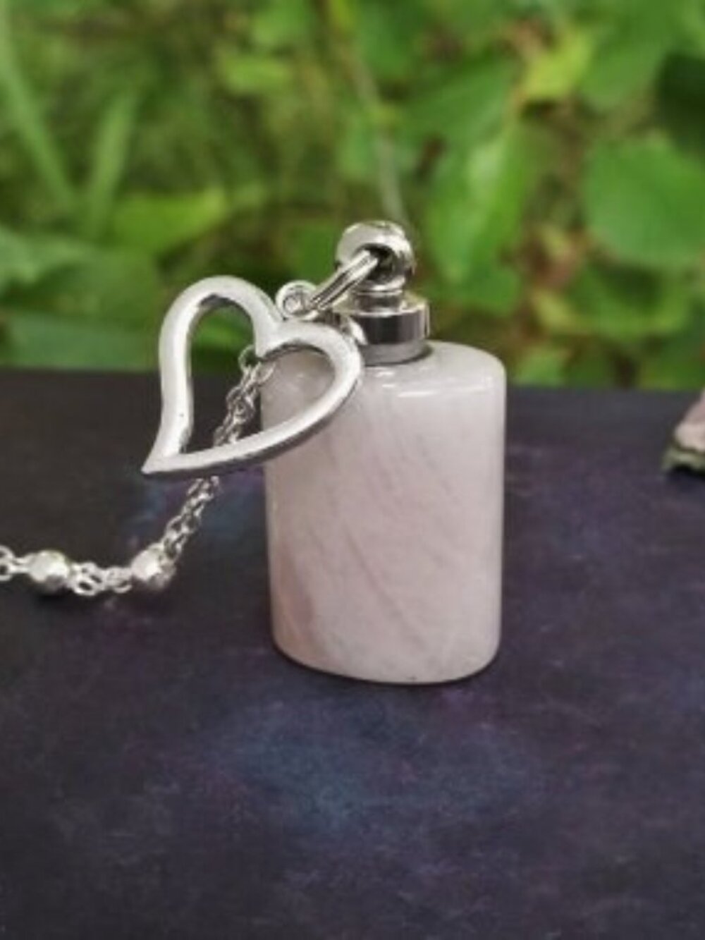 Rose Quartz Necklace Sterling Plated Satellite Bead Chain Vial Pendant Heart